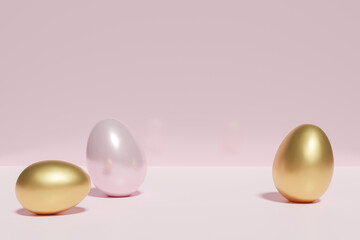 3d render of golden and pink Easter eggs scene on a pink background
