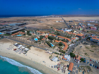 Obraz premium Santa Maria Beach Bay Aerial Drone landscapes footage in Sal Island Cabo Verde