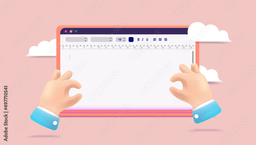 Poster Text edit software - Hands typing on laptop computer writing with empty document on screen. Vector illustration