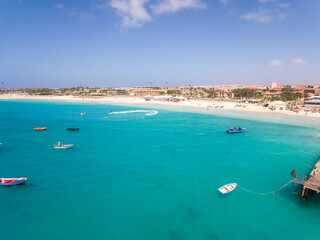 Obraz premium Santa Maria Beach Bay Aerial Drone landscapes footage in Sal Island Cabo Verde