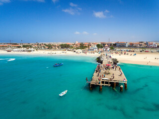 Santa Maria Beach Bay Aerial Drone landscapes footage in Sal Island Cabo Verde