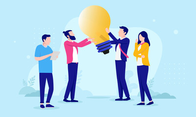 People with business idea - Four characters working on ideas standing around light bulb. Flat design vector illustration with blue background