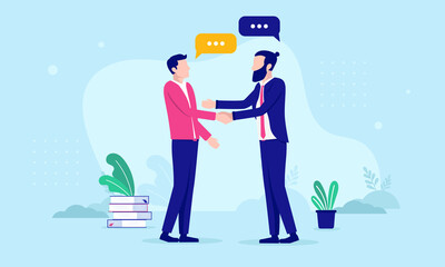 Business deal - Two men shaking hands, one in casual clothing and one in business wear. Flat design vector illustration with blue background