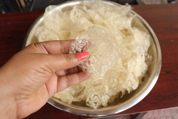 Rice Papad Top View, Jeera, Cumin Khichiya Papad Isolated on Wood Background