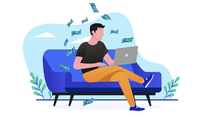 Casual man making money online - Person sitting in couch with laptop while money raining down. Flat design vector illustration with white background