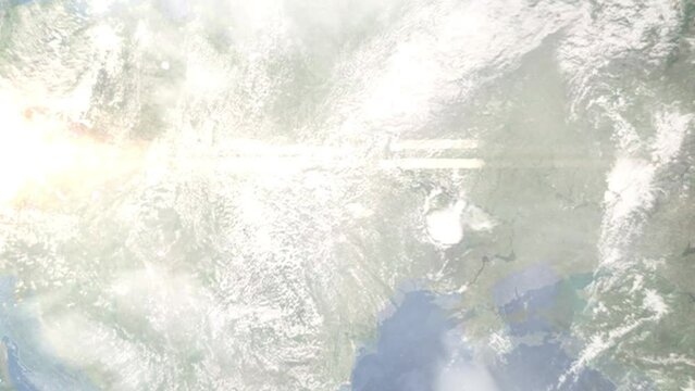 Earth zoom in from outer space to city. Zooming on Vinnitsa, Ukraine. The animation continues by zoom out through clouds and atmosphere into space. Images from NASA