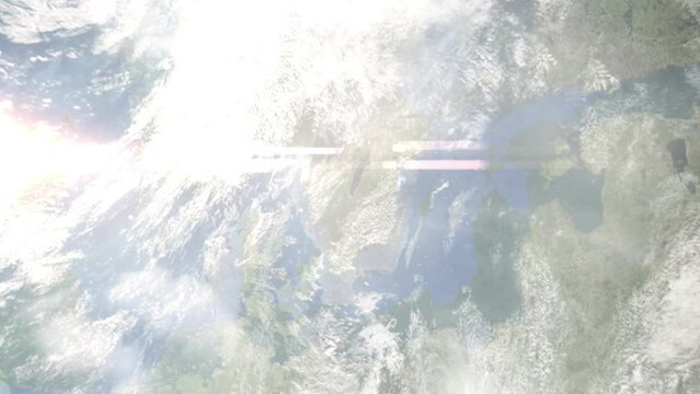 Earth zoom in from outer space to city. Zooming on Jonkoping, Sweden. The animation continues by zoom out through clouds and atmosphere into space. Images from NASA