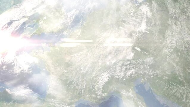 Earth zoom in from outer space to city. Zooming on Nancy, France. The animation continues by zoom out through clouds and atmosphere into space. Images from NASA