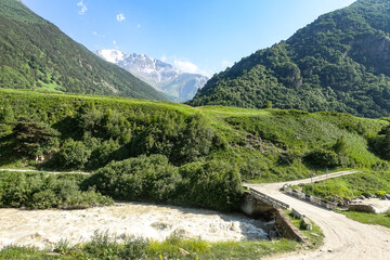 View of the Chegem gorge near the waterfall Abai-Su. Kabardino-Balkaria June 2021.