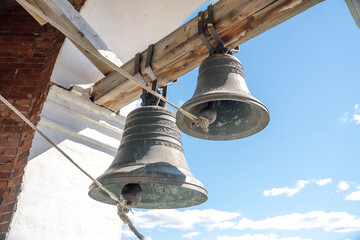 Fototapeta premium Cast-iron ancient bells of orthodox church, close up