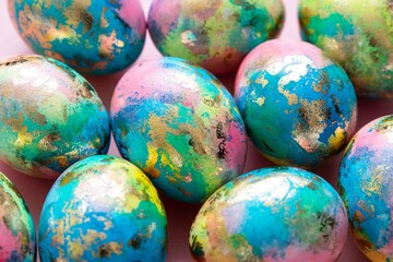 Colorful easter eggs background. Blue, yellow, pink, gold eggs. Selective focus.