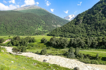 View of the Chegem gorge near the waterfall Abai-Su. Kabardino-Balkaria June 2021.