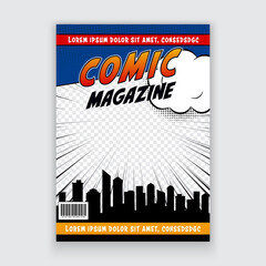 Vector comic book cover page. City superhero empty comics magazine covers template. - obrazy, fototapety, plakaty