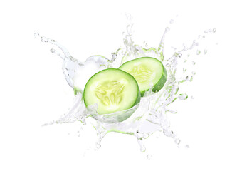 Cucumber slices with water splashing isolated on white background.