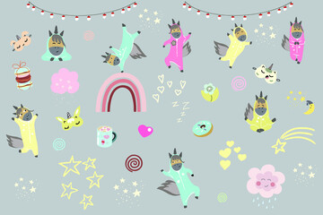 A set of eight funny unicorns in pajamas, a set for a pajama party, a rainbow, clouds, stars, sleep masks, garlands, hearts, macaroons, flowers, pastel gentle colors.