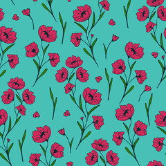 Fototapeta na wymiar Seamless vector pattern with red flowers on blue background. Simple vintage floral wallpaper design. Decorative romantic meadow fashion textile.