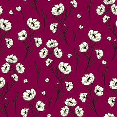 Seamless vector pattern with white flowers on red background. Romantic vintage floral wallpaper design. Decorative love bloom fashion textile.