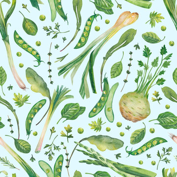 Seamless watercolor pattern with various green vegetables and herbs on a light background.