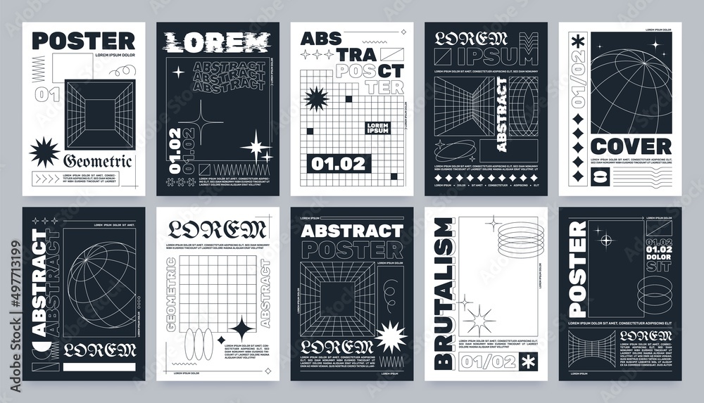 Leinwandbilder Trendy brutalism style posters with geometric shapes and abstract forms. Modern minimalist monochrome print with simple figures and swiss graphic elements, vector poster template set