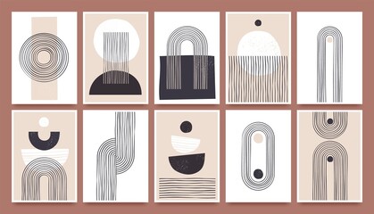 Contemporary geometric posters with shapes, circles and line. Trendy minimalist print covers with hand drawn graphic elements, modern boho style poster vector set