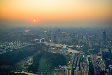 Cityscape of evening sunset in Nanning, Guangxi, China, viewed from above