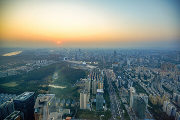 Cityscape of evening sunset in Nanning, Guangxi, China, viewed from above