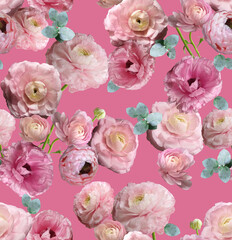 Obraz na płótnie Canvas Fashion digital pattern photo print pink ranunculus flowers - abstract bright floral ornament on bright pink background.