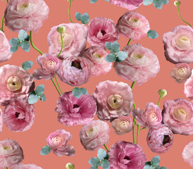 Fashion digital pattern photo print pink ranunculus flowers - abstract bright floral ornament on orange background.