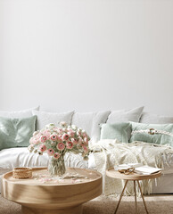 Wall mockup in interior background, room in light pastel colors, Scandi style, 3d render © artjafara