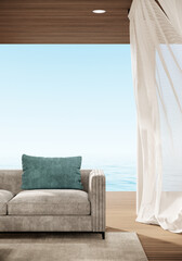 Fototapeta na wymiar Modern Luxury Beach Villa Hotel with Wood Terrace and Ocean Sky view, 3D Rendering vertical