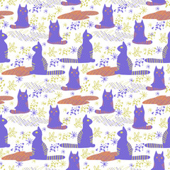 Vector seamless pattern. Cute cats and abstract colorful doodle flat shapes, strokes, spots, lines, stripes, flowers.