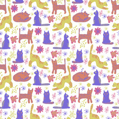 Vector seamless pattern. Cute cats and abstract colorful doodle flat shapes, strokes, spots, lines, stripes, flowers.