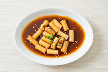 Spicy Jjajang Tteokbokki or Korean rice cake in spicy black bean sauce