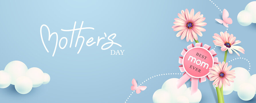 Mothers day banner background layout with cloud and flower