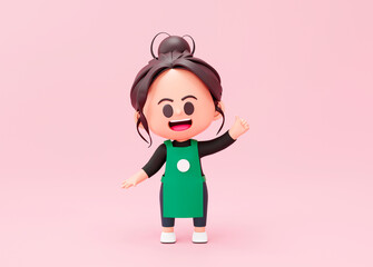 Cute chef baker or barista showing thumbs up restaurant cook mascot on pink background 3d rendering