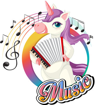 Cute purple unicorn playing accordion with music notes on white background