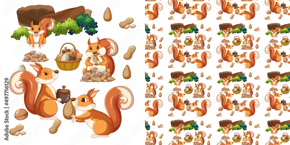 Wall mural Seamless background with squirrels and walnuts