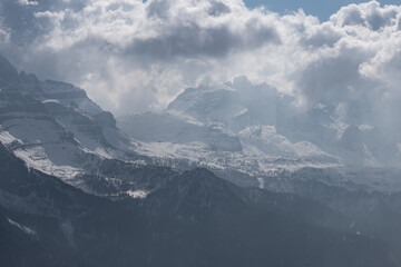 Obraz premium Mountain range, snowy forest. Dolomites