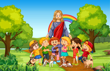 Jesus and children at the park - obrazy, fototapety, plakaty