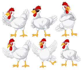 Set of different farm chickens in cartoon style