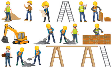 Set of construction site objects and workers