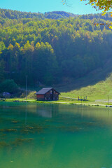 Wooden house on the lake on a sunny bright day across forest. Water reflections. Landscape background. Cerreto Laghi, Reggio Emilia, Italy. Travel	
