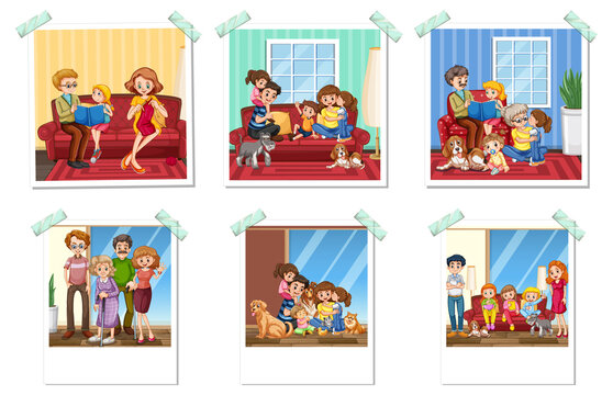 Set of family photos in cartoon style