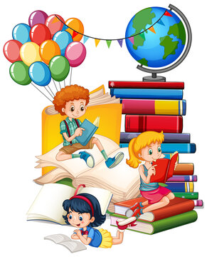Three children are reading books on a stack of books