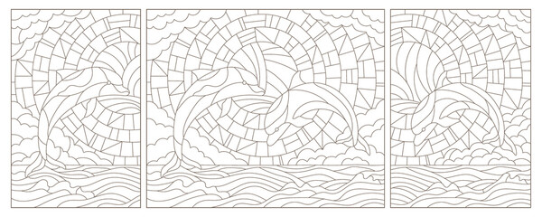 A set of contour illustrations in the style of a stained glass window with dolphins on a landscape background, dark contours on a white background