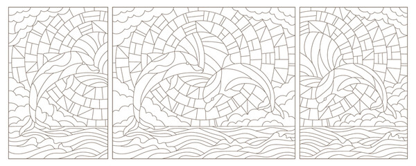 Fototapeta premium A set of contour illustrations in the style of a stained glass window with dolphins on a landscape background, dark contours on a white background