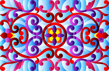 Illustration in stained glass style with abstract flowers, leaves and curls on blue background, horizontal orientation