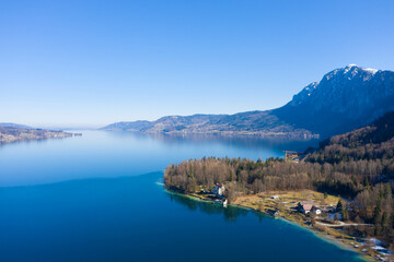 Fototapeta na wymiar Drone photography, Fuschlsee a popular lake near Salzburg, Upper Austria, Europe