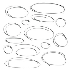 Hand drawn circles frame set. Marker sketch. Doodle highlight ovals. Highlighting text and important objects. Round scribble frames. Stock vector illustration on white background.