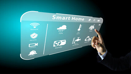 The hand of businesspeople or users or homeowners are pressing the virtual screen to operate smart home applications. Controlling home appliances through IoT technology. Smart home concept.